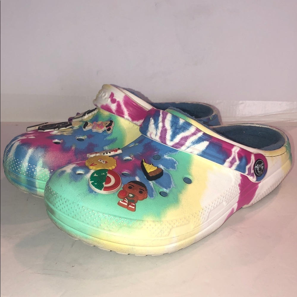 Crocs Tye Dyed Clogs with Charms Pink, Blue, Yellow & White